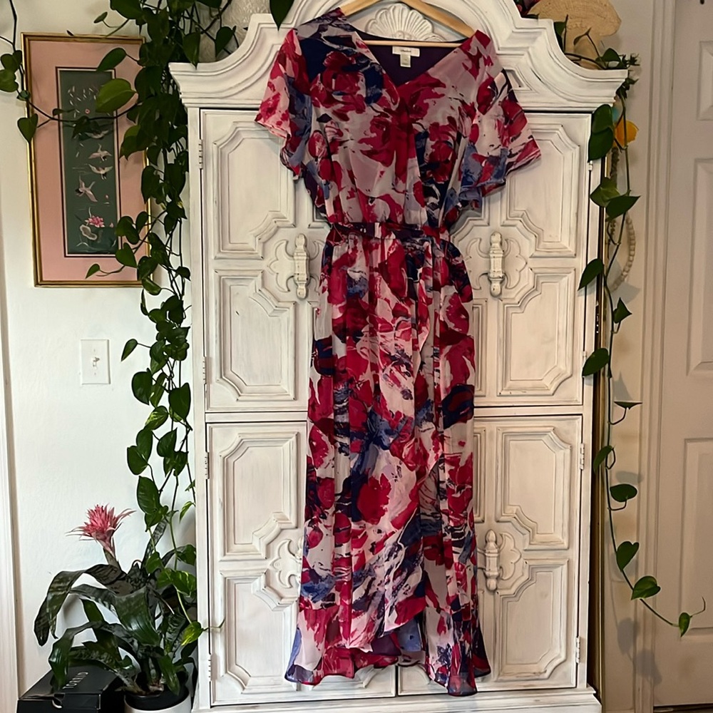 CJ Banks Chiffon Floral Pink/Purple Wrap Maxi Dress with Belt Size 1X.